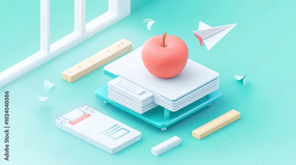 Poster A minimalist workspace featuring an apple, paper stacks, and stationery items.