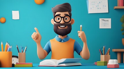 Smiling cartoon man sitting at a desk, pointing with his finger, holding a pencil and looking at the camera with an open book in front of him.