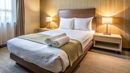 Hotel bedroom with single bed and towels rolls