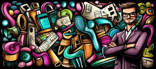 Obraz premium A stylized illustration featuring a man amidst colorful abstract shapes and objects.