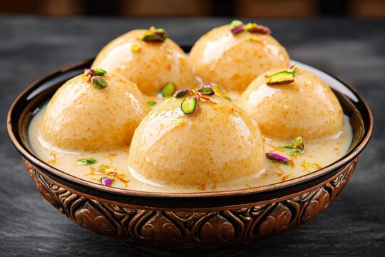 Soft, creamy rasmalai soaking in a pool of saffron-infused milk, garnished with pistachios and saffron strands, served in a decorative bowl