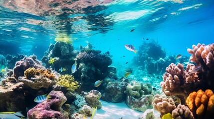 トロピカルな海、魚とサンゴ礁の浅瀬、熱帯の海中風景