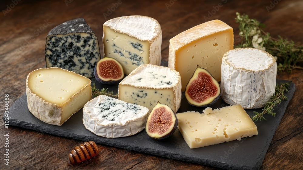 Canvas Prints A selection of various cheeses arranged on a slate board with figs and honey.