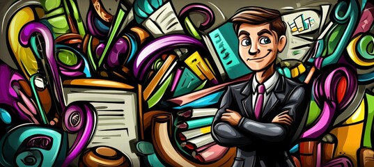 A confident businessman stands amidst vibrant, abstract office supplies and documents.