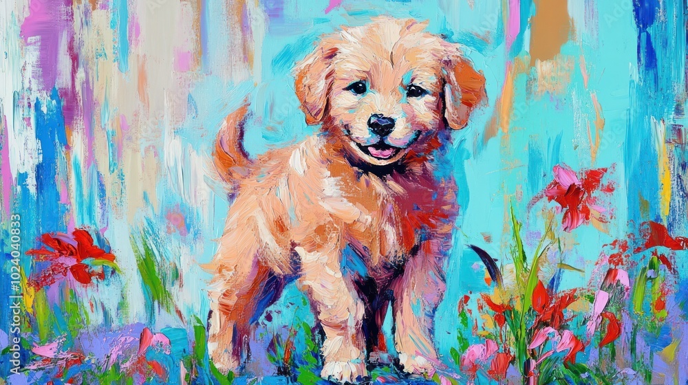 Sticker A cheerful puppy stands amidst colorful flowers against a vibrant blue background.