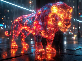A glowing, neon-lit lion sculpture stands in a rainy urban setting, showcasing artistic design.