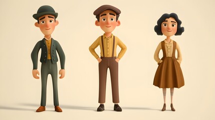 Three cartoon characters in vintage clothing standing together.