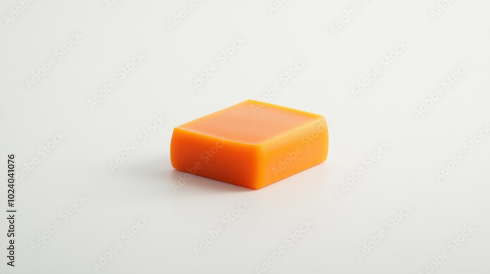 Poster a simple orange soap bar on a light background, emphasizing its clean design and color.