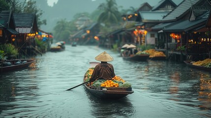 Obraz premium Serene Canal Scene with Fruit-Laden Boat at Dusk