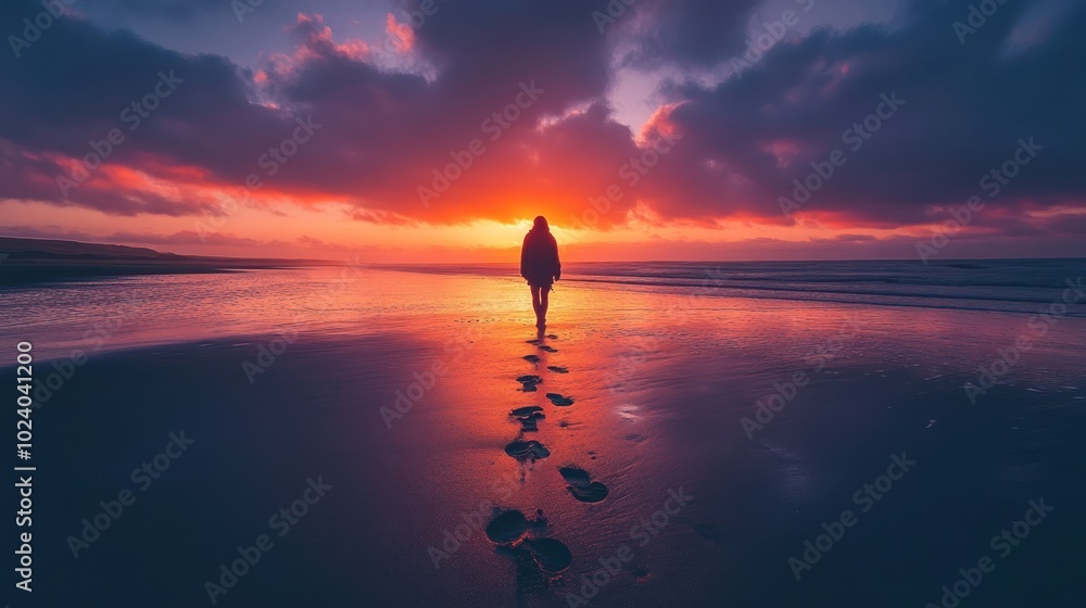 Wall mural A solitary figure walks along a beach at sunset, leaving footprints in the wet sand.