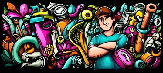 A colorful illustration of a man surrounded by various recycled materials and flowers.