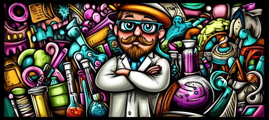 Fototapeta premium A colorful scientist surrounded by various laboratory equipment and chemical substances.