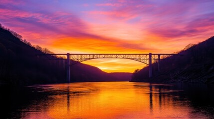 Fototapeta premium A vibrant sunset over a bridge reflecting on a river, showcasing natural beauty and tranquility.