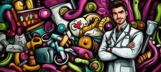 A doctor stands confidently amidst a colorful array of medical supplies and tools.
