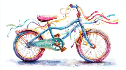 Fototapeta premium A vibrant watercolor illustration of a playful bicycle adorned with colorful ribbons and playful details, perfect for children's themes.