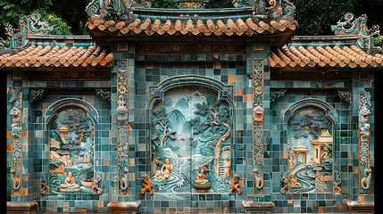 Fototapeta premium Colorful Ancient Tile Mural in Asian Garden