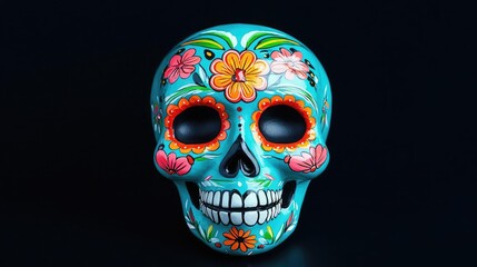 Colorful decorated skull with vibrant flowers, representing cultural celebration and artistry in Mexican traditions.