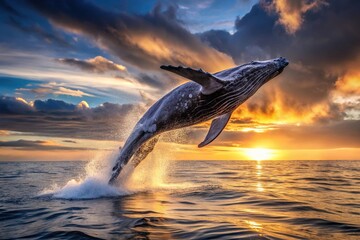 Obraz premium Humpback whale breaching above sea at dusk