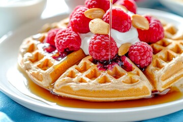 Whole wheat waffles topped with fresh raspberries, sliced almonds, and a drizzle of agave syrup, served with a side of Greek yogurt