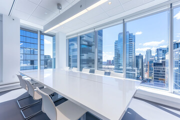 Corporate Meeting Room with a Sleek White Table and Comfortable Seating