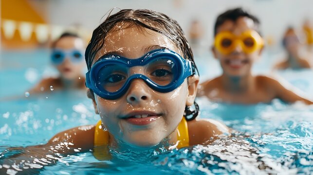 Close up of a group of diverse children in colorful goggles and swim gear having a fun and safe holiday activity in a swimming pool with a vibrant sci fi inspired tetradic color scheme