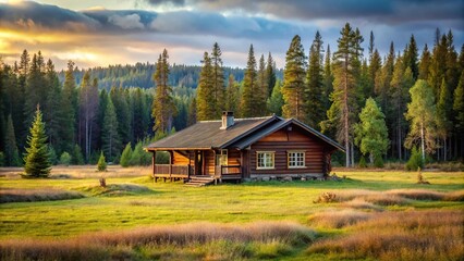 Hunting lodge in Nordic landscape near forest and meadow