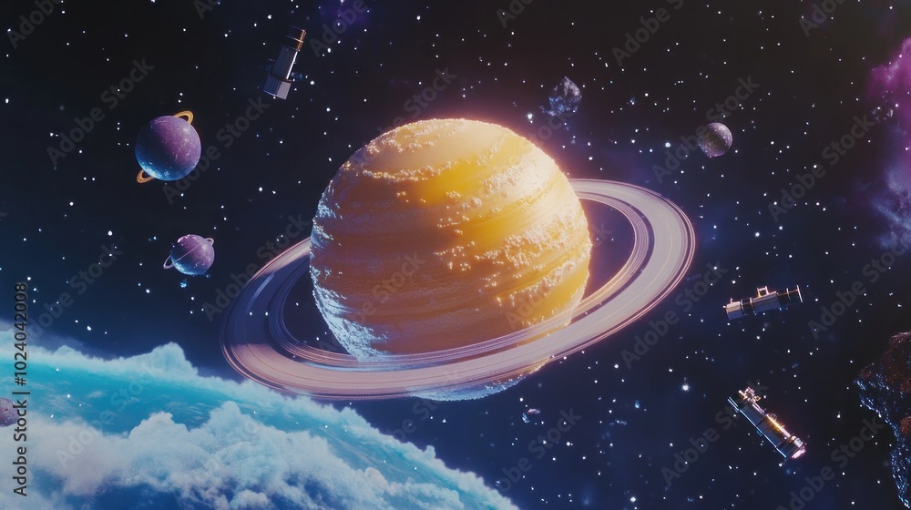 Wall mural a vibrant depiction of a gas giant planet surrounded by various celestial bodies in space.
