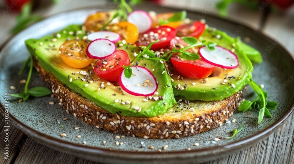 Wall mural A vibrant avocado toast topped with cherry tomatoes, radishes, and sesame seeds on a plate.