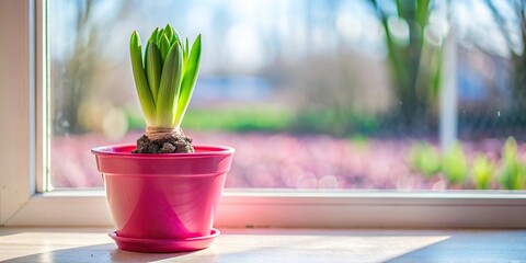 Hyacinth sprout in pink pot on windowsill