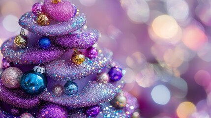 A vibrant purple Christmas tree adorned with colorful ornaments and sparkling decorations.