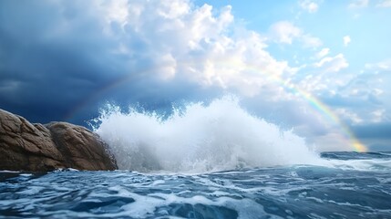 Captivating image of a powerful waterfall crashing into a serene pool below creating a mesmerizing display of mist and vibrant rainbows that symbolize the beauty and strength of nature s water energy