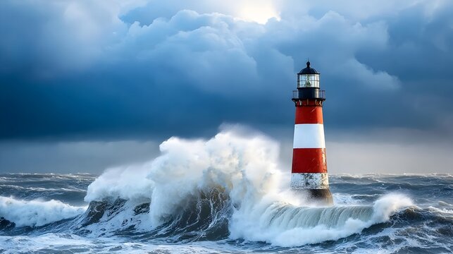 Powerful ocean waves crashing against a sturdy lighthouse during an intense storm