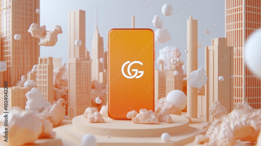 Poster a smartphone surrounded by abstract cityscape elements and floating shapes.
