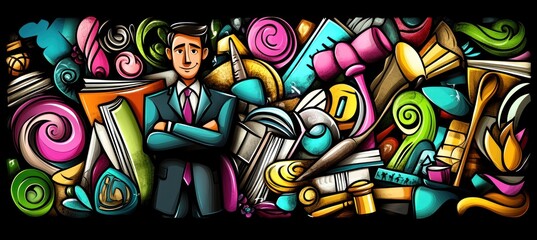 Obraz premium A colorful collage featuring a professional man among various creative and legal symbols.