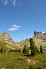 A look over the tops of the cedars at two sheer cliffs inclined towards each other on a sunny summer day.