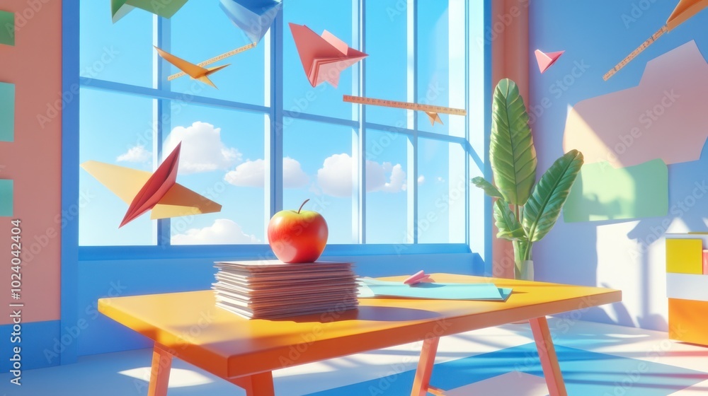 Poster a bright classroom scene with floating paper planes and an apple on a colorful table.