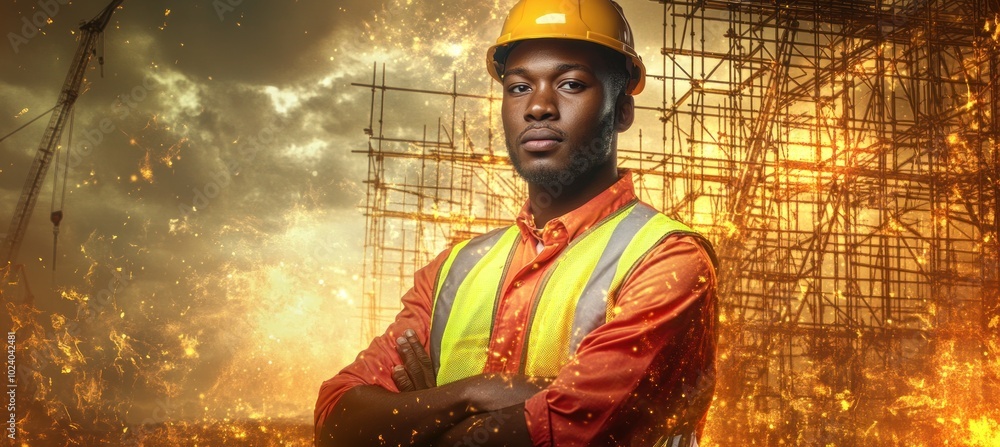 Wall mural A confident construction worker stands against a dramatic backdrop of scaffolding and fire.