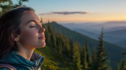 Close up silhouette of a woman deeply inhaling fresh air on a serene mountain trail surrounded by scenic landscapes and a futuristic tetradic color scheme crafted for imagery purposes