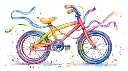 Fototapeta premium Colorful watercolor illustration of a bicycle surrounded by vibrant ribbons and splashes, perfect for kids' designs and playful themes.