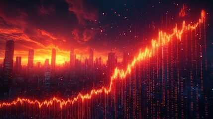 A glowing red line graph rises over a city skyline against a fiery sunset.