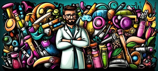 A scientist stands amidst colorful lab equipment and nature-inspired elements.