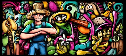 Fototapeta premium A colorful illustration featuring a farmer amidst vibrant plants and flowers.