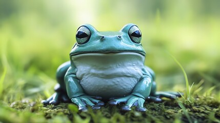 Obraz premium A whimsical and charming portrayal of a cute frog, featuring its bright green skin, large expressive eyes, and a friendly smile. This adorable amphibian is perched on a lily pad amidst a serene pond, 