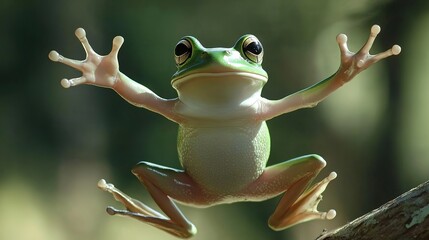 A whimsical and charming portrayal of a cute frog, featuring its bright green skin, large expressive eyes, and a friendly smile. This adorable amphibian is perched on a lily pad amidst a serene pond, 