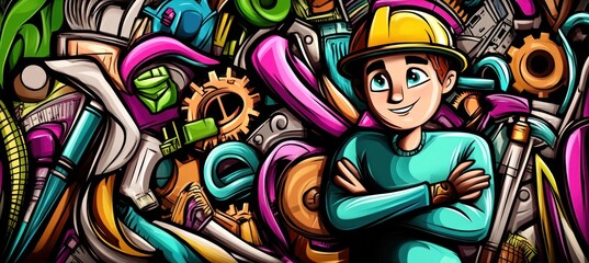 A cheerful worker stands amidst colorful tools and equipment, symbolizing creativity and industry.