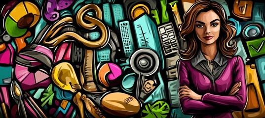 Fototapeta premium A professional woman stands confidently among various colorful office supplies and tools.