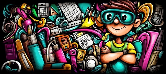 A colorful illustration of a cheerful child surrounded by various creative tools and objects.