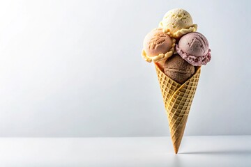 Ice cream cone with multiple scoops isolated on white background