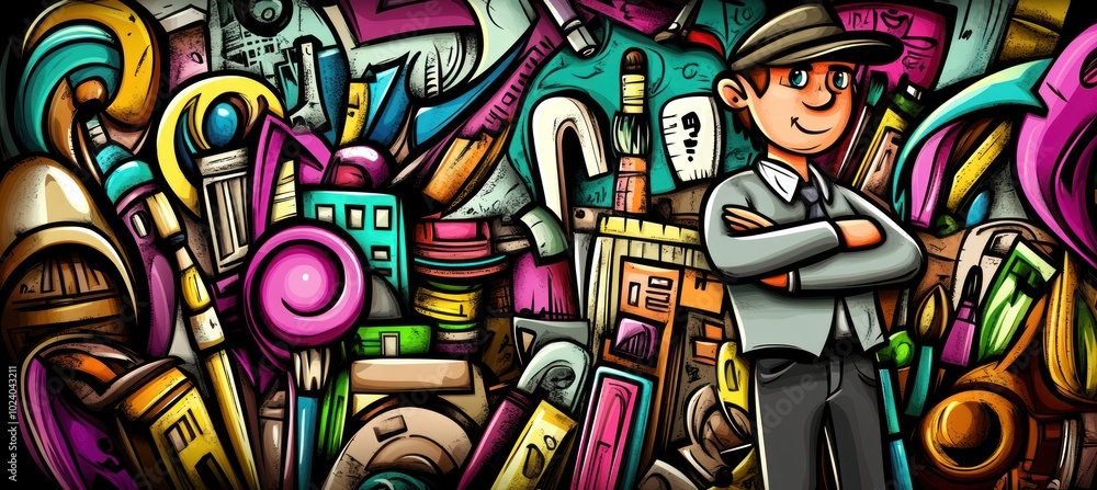 Poster a colorful illustration featuring a character amidst various tools and objects.