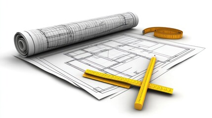 A rolled blueprint beside a flat drawing and measuring tools for architectural design.